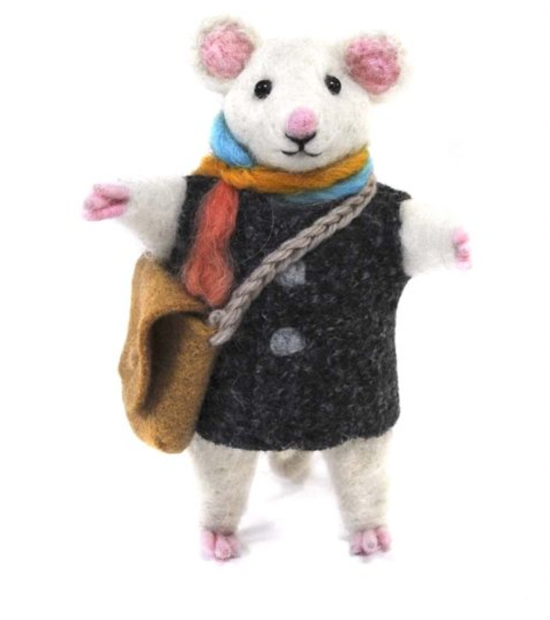 A product photo of a cute funny silly adorable fluffy soft natural white mouse with a multicolor scarf, black vest, and brown bookbag felted alpaca wool figurine and ornament for gifts birthday holidays