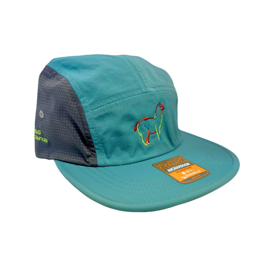 Teal cap with embroidered design and brand patch on a white background