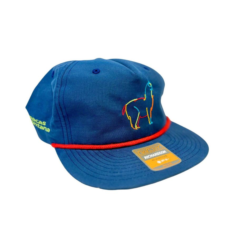 Blue cap with colorful design and Richardson label on a white background