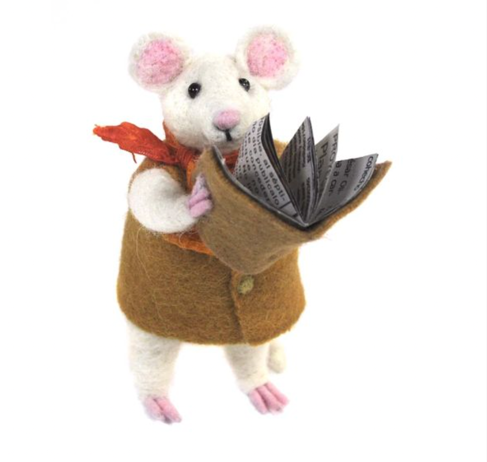 A product photo of a cute funny silly adorable fluffy soft natural white mouse with a red orange scarf, brown vest, and holding a book felted alpaca wool figurine and ornament for gifts birthday holidays