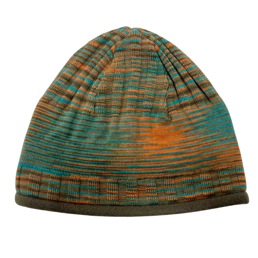 A product photo with a white background of the teal, orange, and gray Alpacas of Montana backcountry beanie