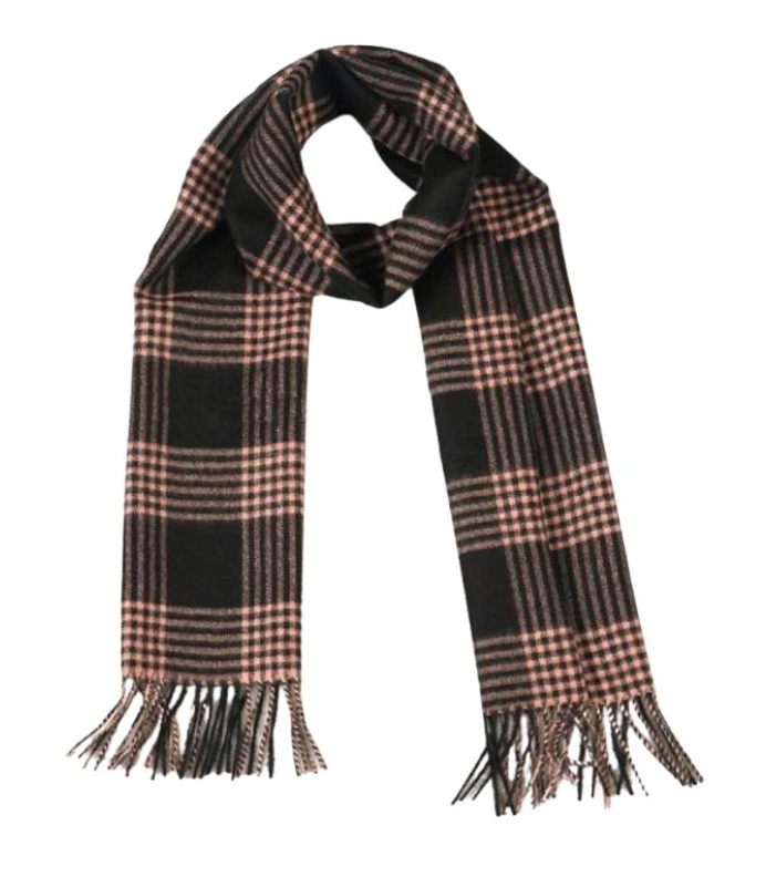 A product photo against a white background of an Alpacas of Montana soft stylish men&#39;s fashion comfortable cozy warm alpaca wool blush pink and black plaid pattern scarf with tassels.