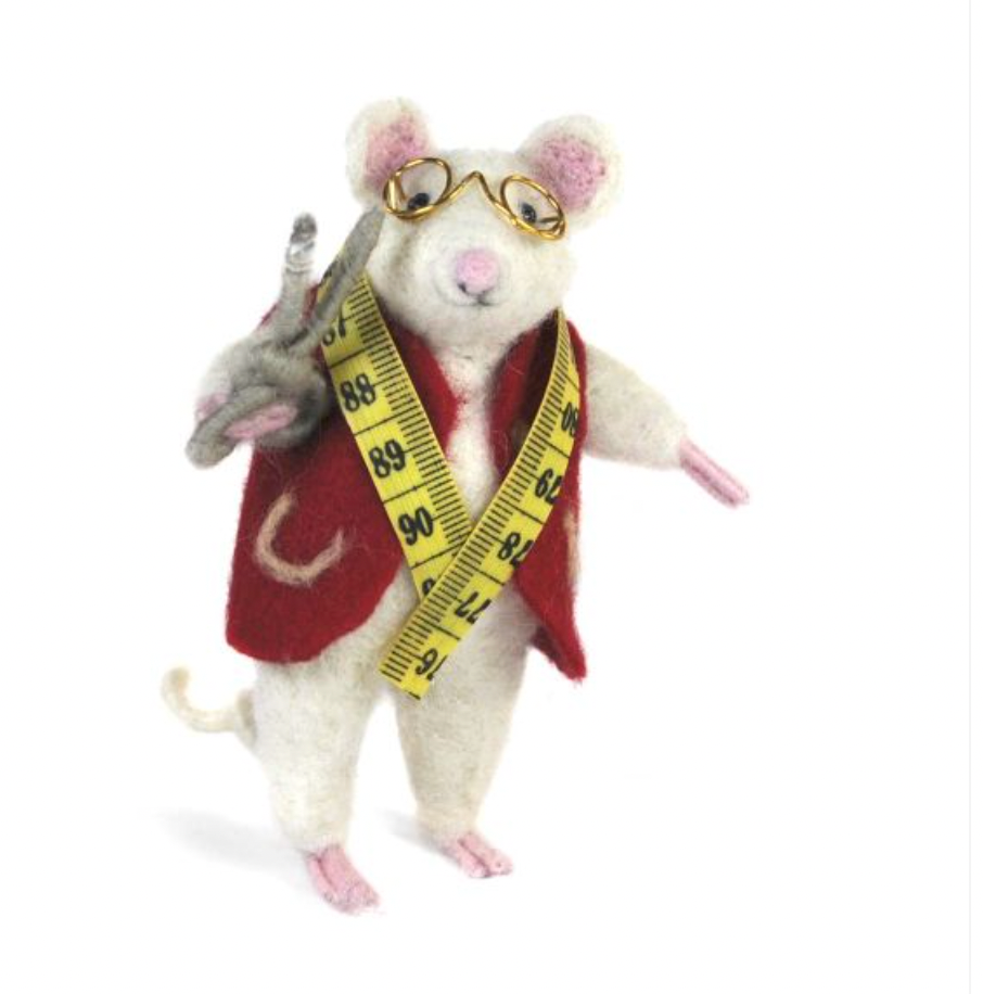 A product photo of a cute funny silly adorable fluffy soft natural white mouse with gold glasses, a red vest, measuring tape, and scissors felted alpaca wool figurine and ornament for gifts birthday holidays