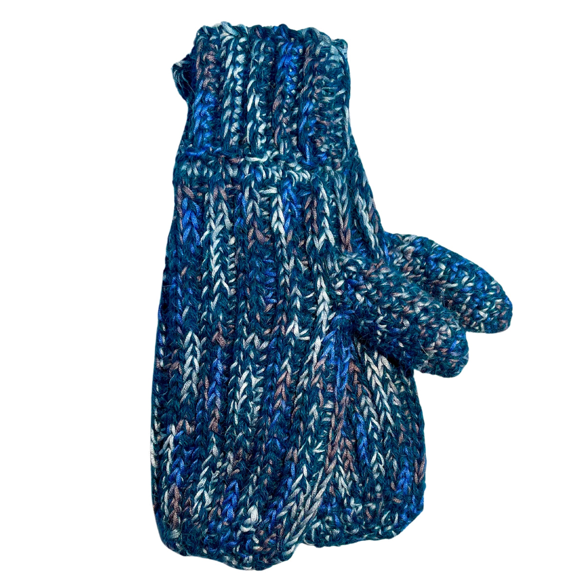 Alpacas of Montana ocean blue, dark turquoise, cobalt, cerulean, gray, and white colored cozy soft warm handmade knitted crochet ribbed mittens made in Montana out of alpaca yarn and bamboo yarn.
