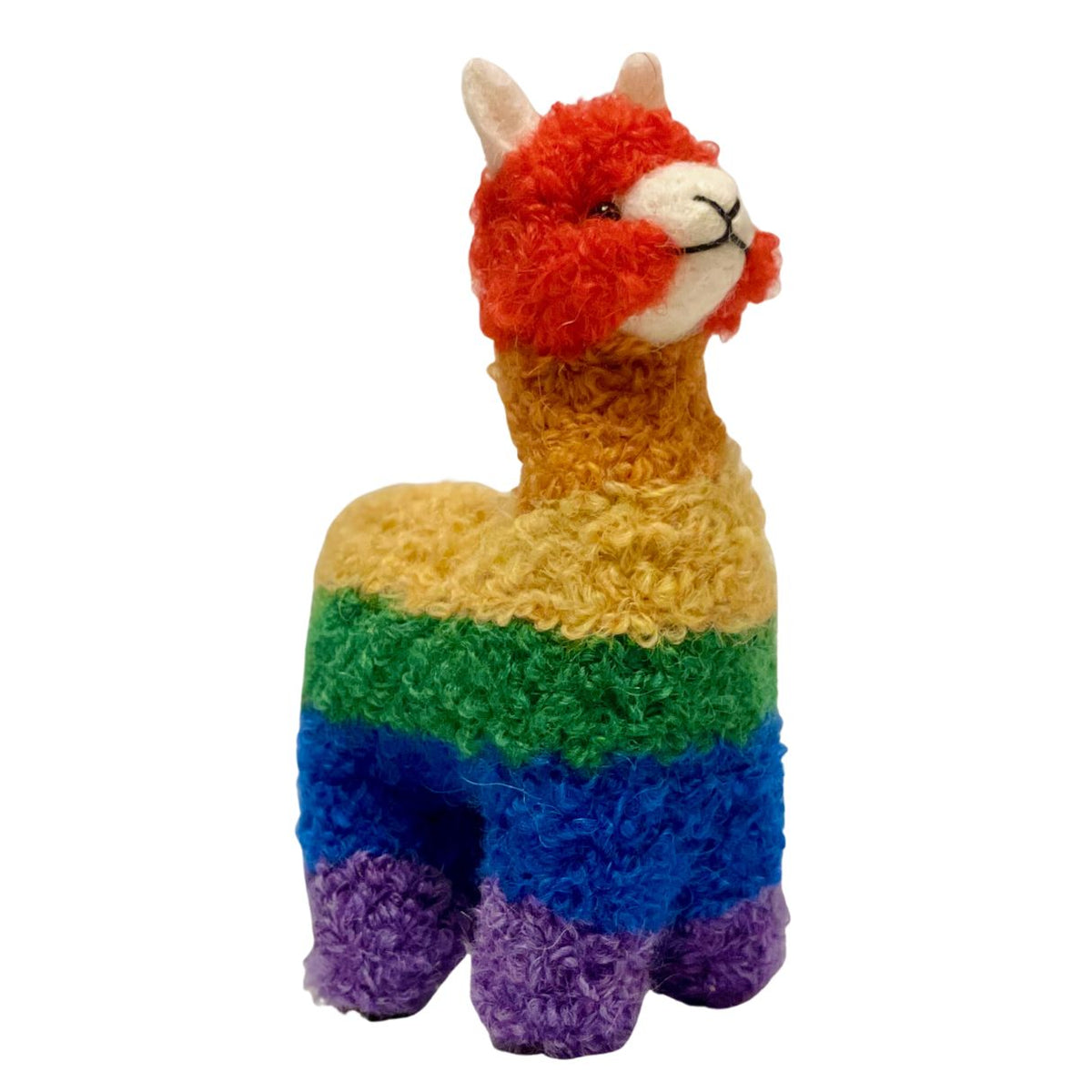 Colorful rainbow red orange yellow green blue purple stripes gay pride alpaca figurine and ornament made with real alpaca yarn