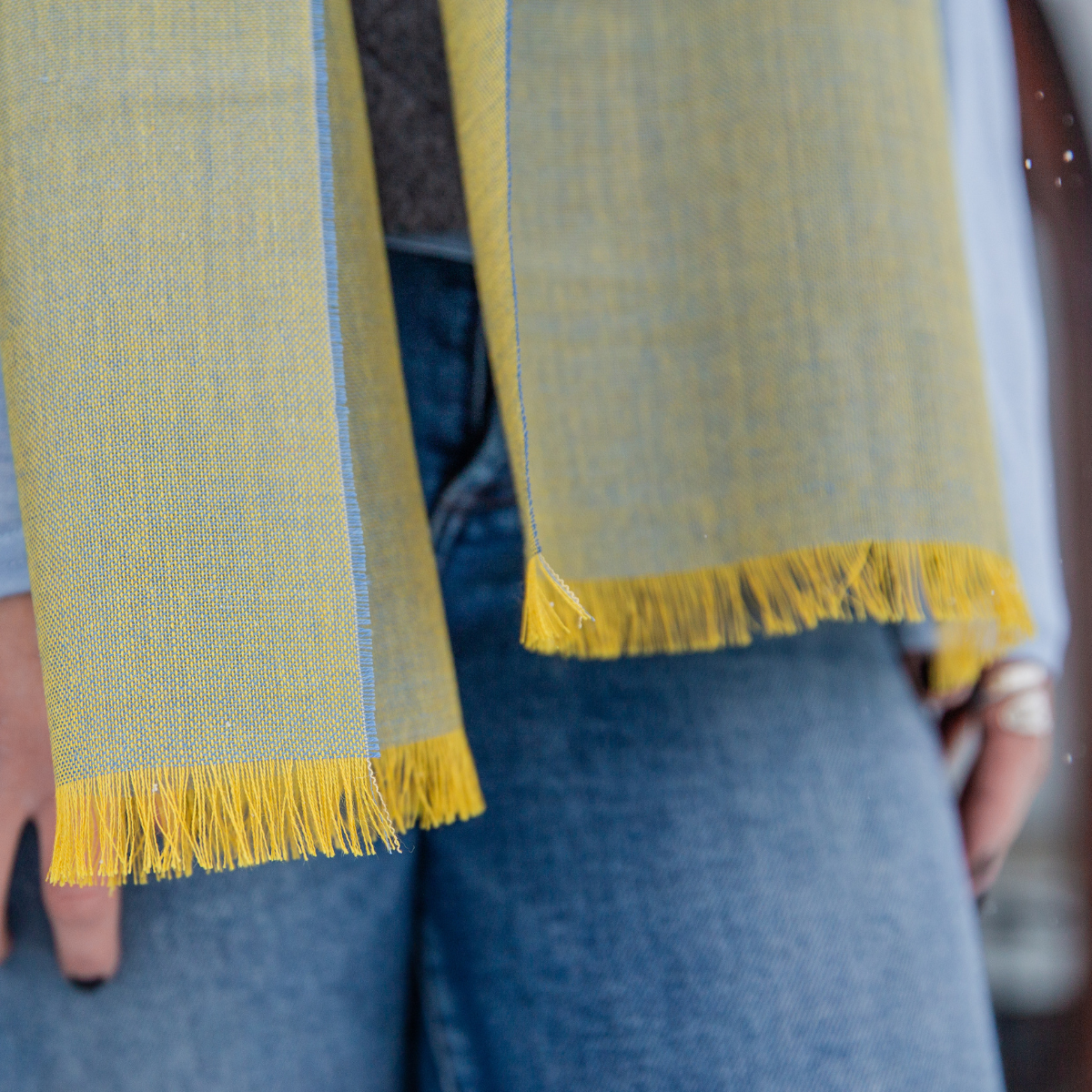 Silk alpaca winter scarf yellow and gold and blue