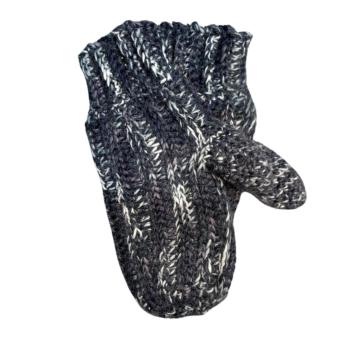 Alpacas of Montana black, charcoal, dark gray, light gray, and white colored cozy soft warm handmade knitted crochet ribbed mittens made in Montana out of alpaca yarn and bamboo yarn.