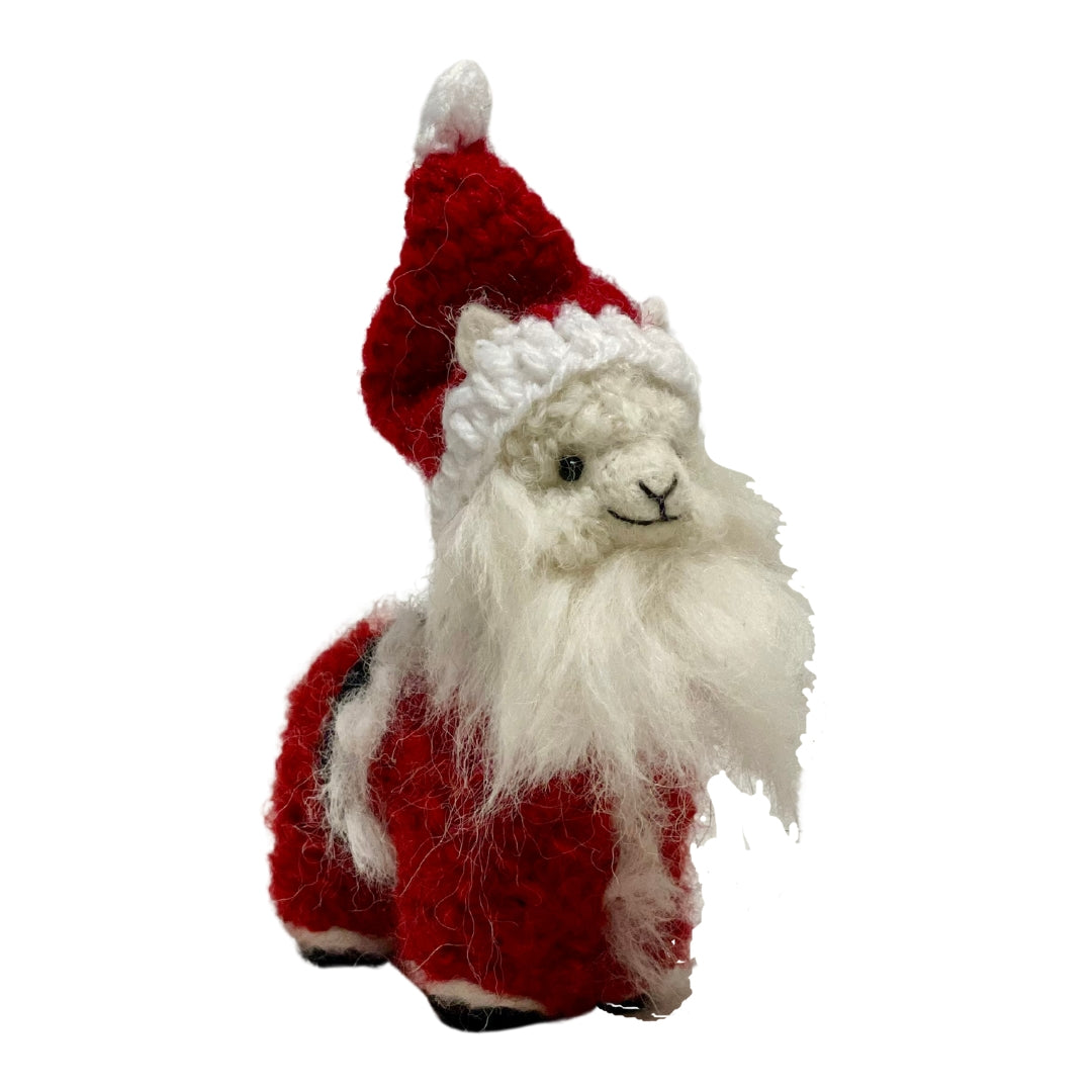 A product photo of a mini small cute soft fluffy handmade toy natural white alpaca with a long white beard, red and white santa hat a red and white santa suit with yellow buttons and a black belt felted woven alpaca wool figurine and ornament for christmas holiday gifts