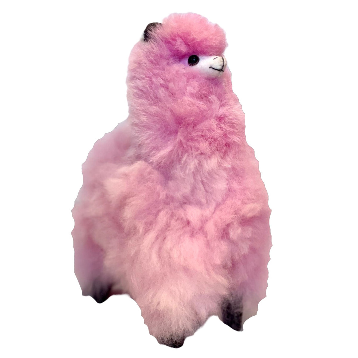Product photo of a soft fluffy cute adorable pink plush alpaca wool figurine plushie.