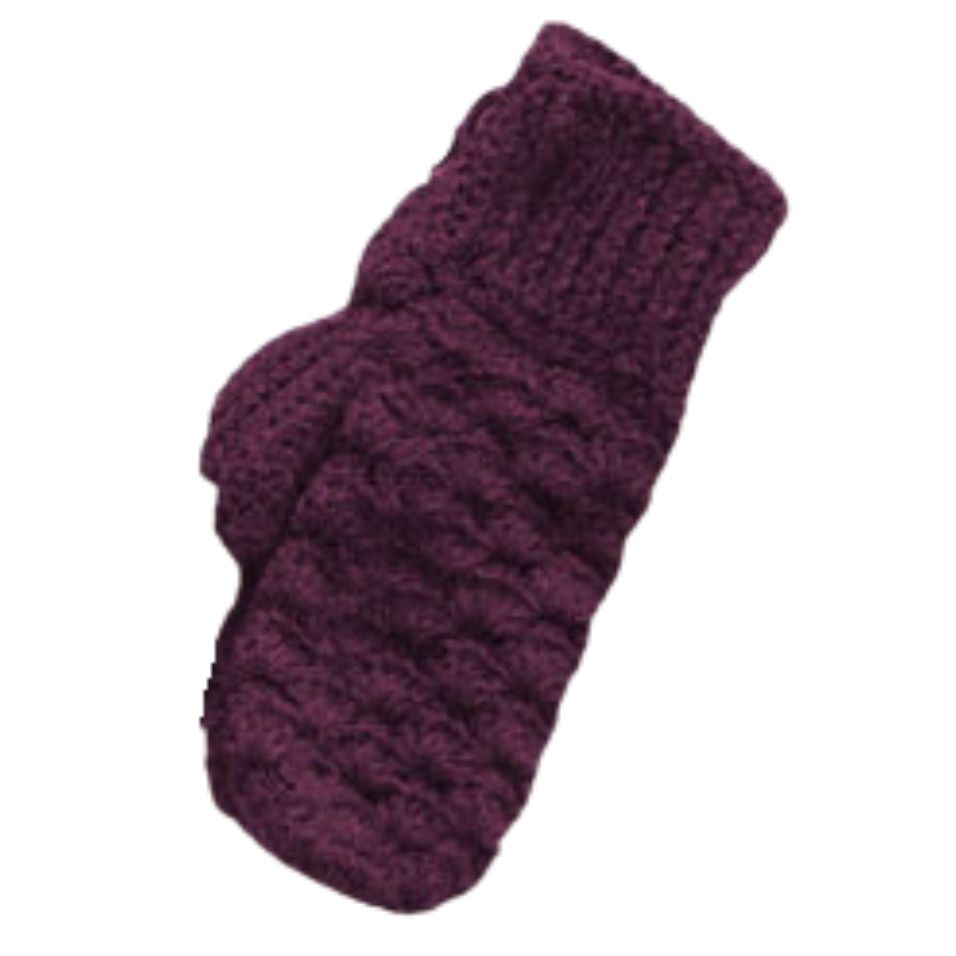 A product photo with a white background of a soft stylish cozy comfortable fashionable moisture wicking knitted crochet scallop pattern mittens handmade in Montana from deep purple alpaca wool yarn.