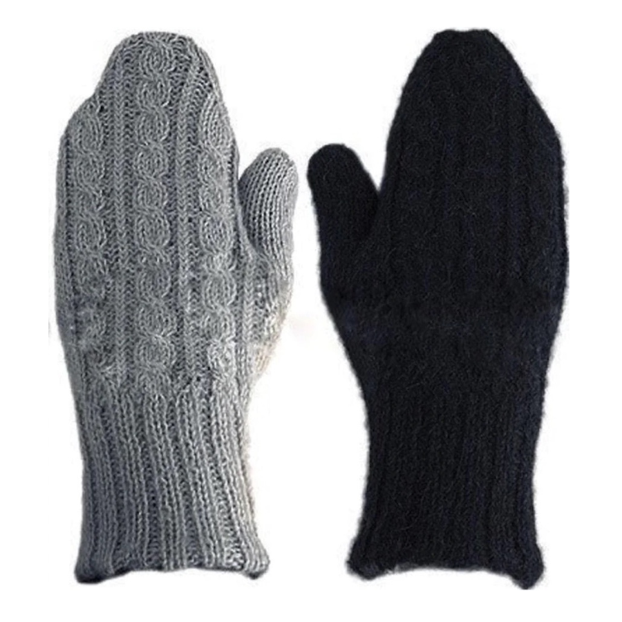 A product photo with a white background of a pair of Alpacas of Montana black and light gray woven alpaca wool mittens.