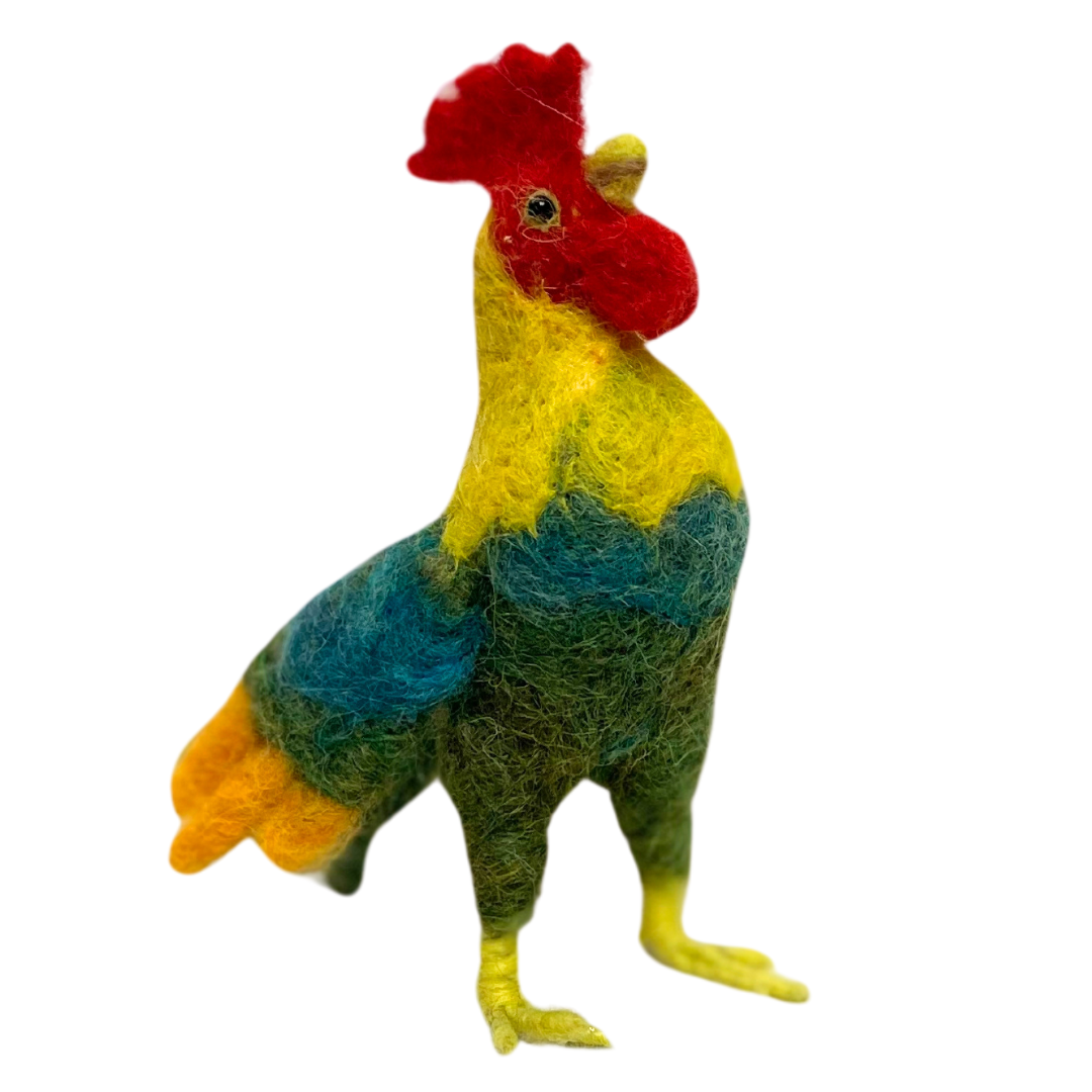 A product photo of a soft cute adorable funny silly brown, red, yellow, blue, and green rooster felted alpaca wool figurine and ornament for gifts birthday holidays