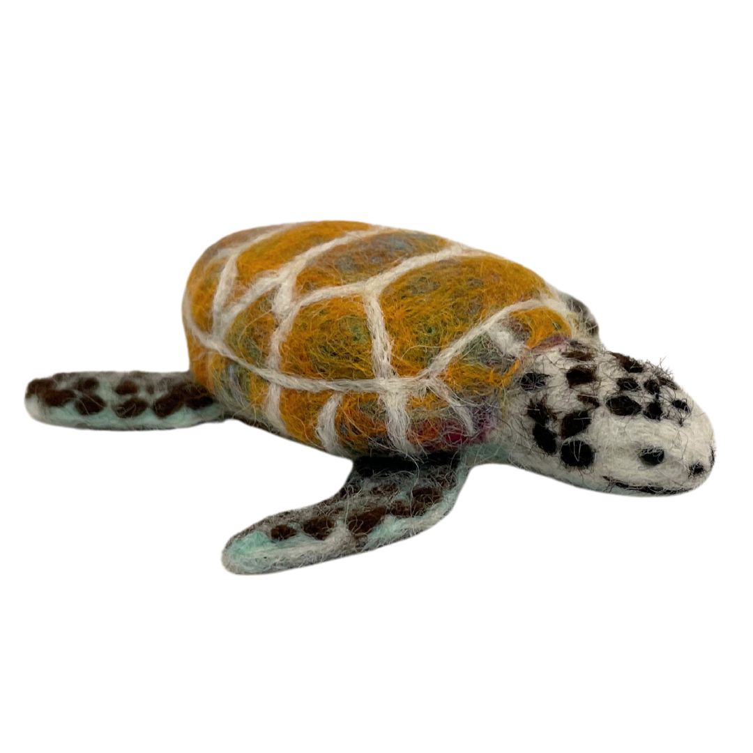 felted bright sea turtle ornament with spots on legs and head