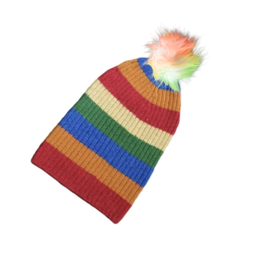 Rainbow red orange blue green and white striped soft warm winter cozy moisture wicking comfortable fashionable alpaca wool beartooth beanie hat with white and rainbow frosted tips pom pom.