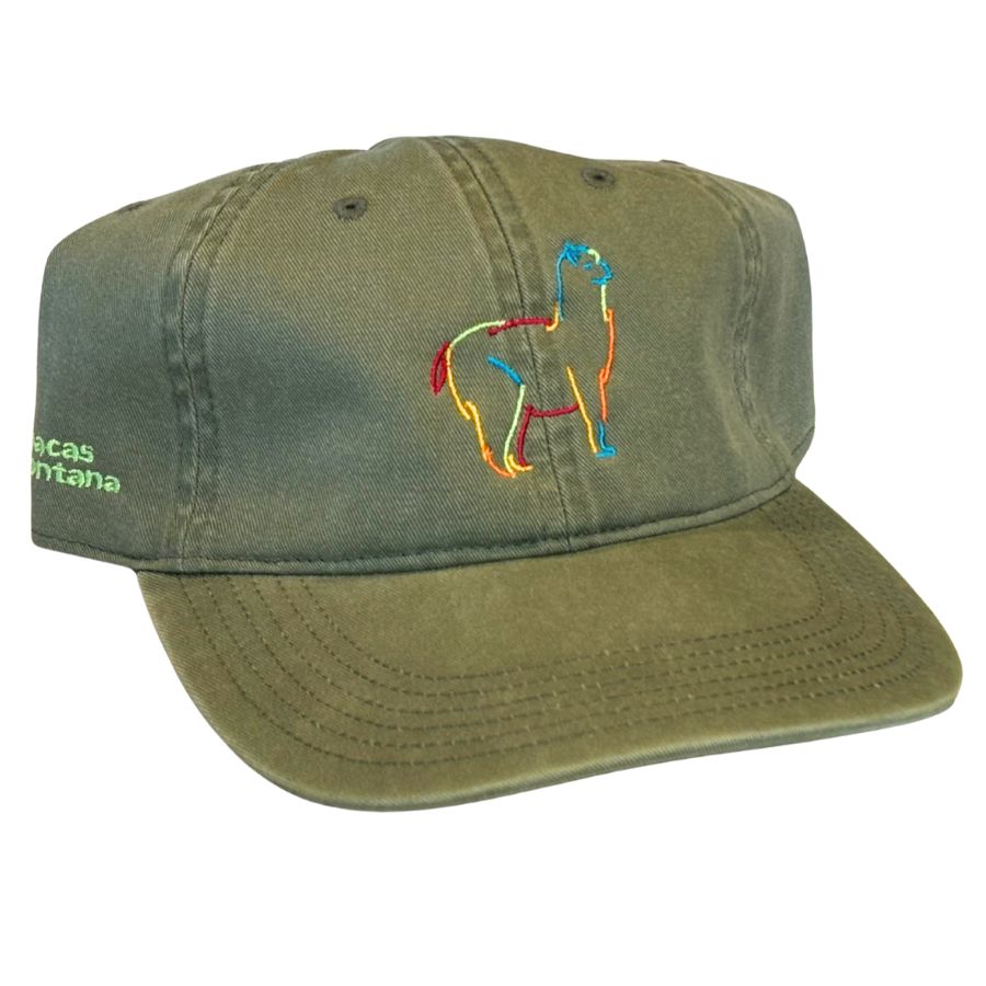 Green cap with colorful embroidered alpacas of montana design on a white background