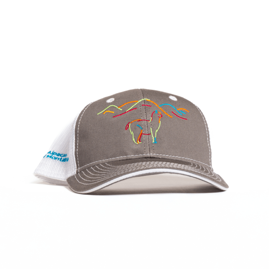 Gray and white baseball hat cap with an alpaca logo on the front and side