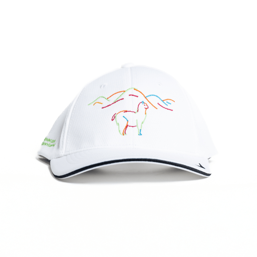 A white Nike Sphere Dry baseball cap with FlexFit design, featuring a colorful logo of an alpaca on the front.