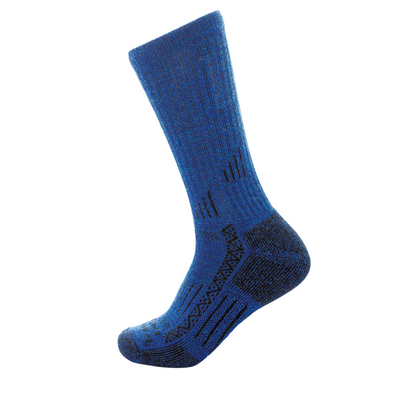 A pair of blue adventure socks designed for hiking with reinforced heel and toe areas.