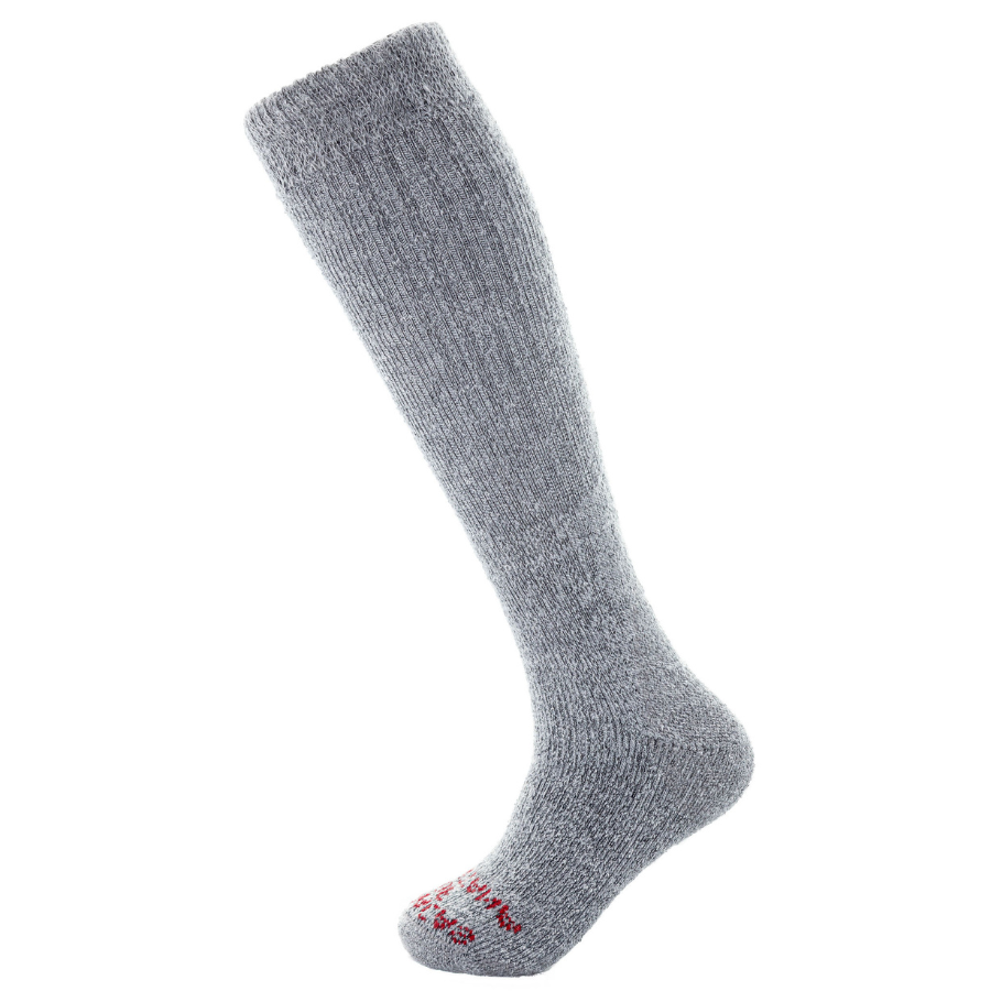 A product photo against a white background of the silver gray Alpacas of Montana cozy comfortable soft warm thermal winter freezing temperatures moisture wicking maximum warmth arctic boot socks for hiking, snowshoeing, hunting, skiing, ice fishing, outdoors.