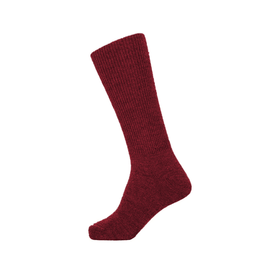 A product photo of cranberry red Alpacas of Montana professional soft comfortable moisture wicking business casual alpaca wool dress socks for men and women.