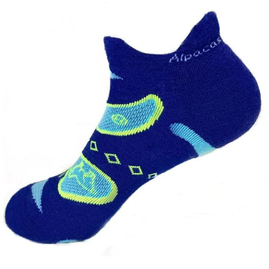 A product photo against a white background of the Alpacas of Montana soft comfortable breathable athletic outerwear activewear moisture wicking blue, cyan, and lime yellow endurance sock for running, sports, hiking, exercise.