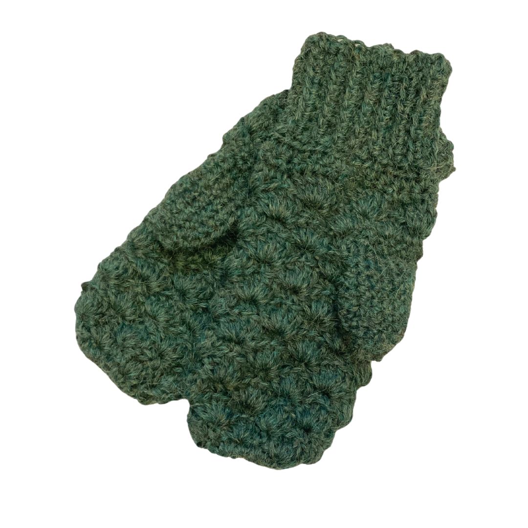 A product photo with a white background of a soft stylish cozy comfortable fashionable moisture wicking knitted crochet scallop pattern mittens handmade in Montana from moss green alpaca wool yarn.