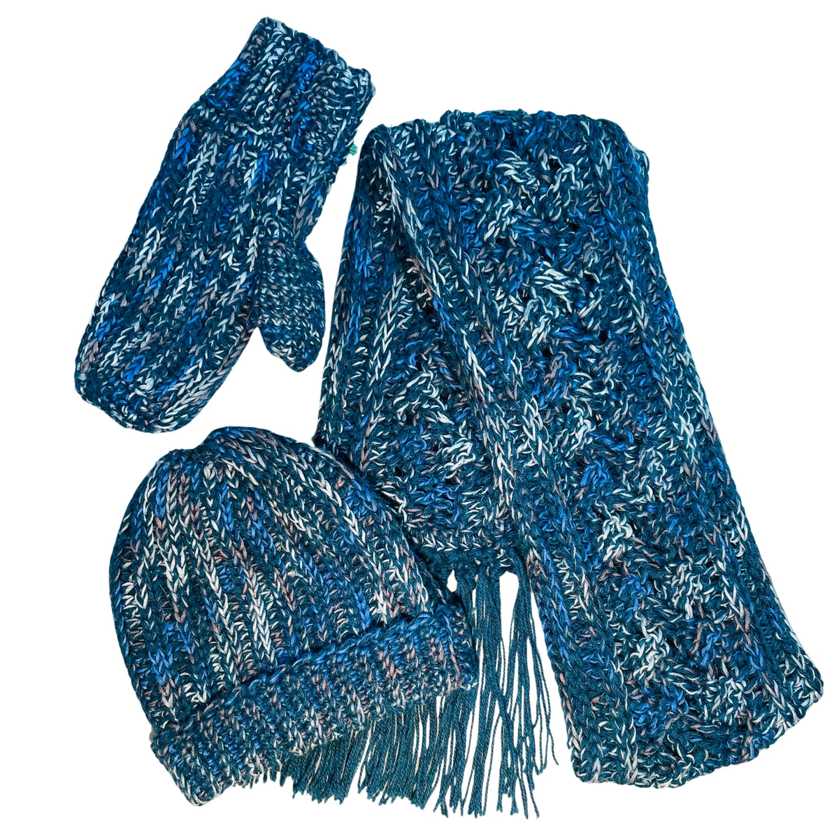 Cozy soft warm alpaca and bamboo matching set of ridge ribbed hat, scarf with long tassels, and ridge ribbed mittens for winter fashion. Handmade knitted crochet items made from yarn in the colors ocean blue, dark turquoise, cobalt, cerulean, gray, and white.