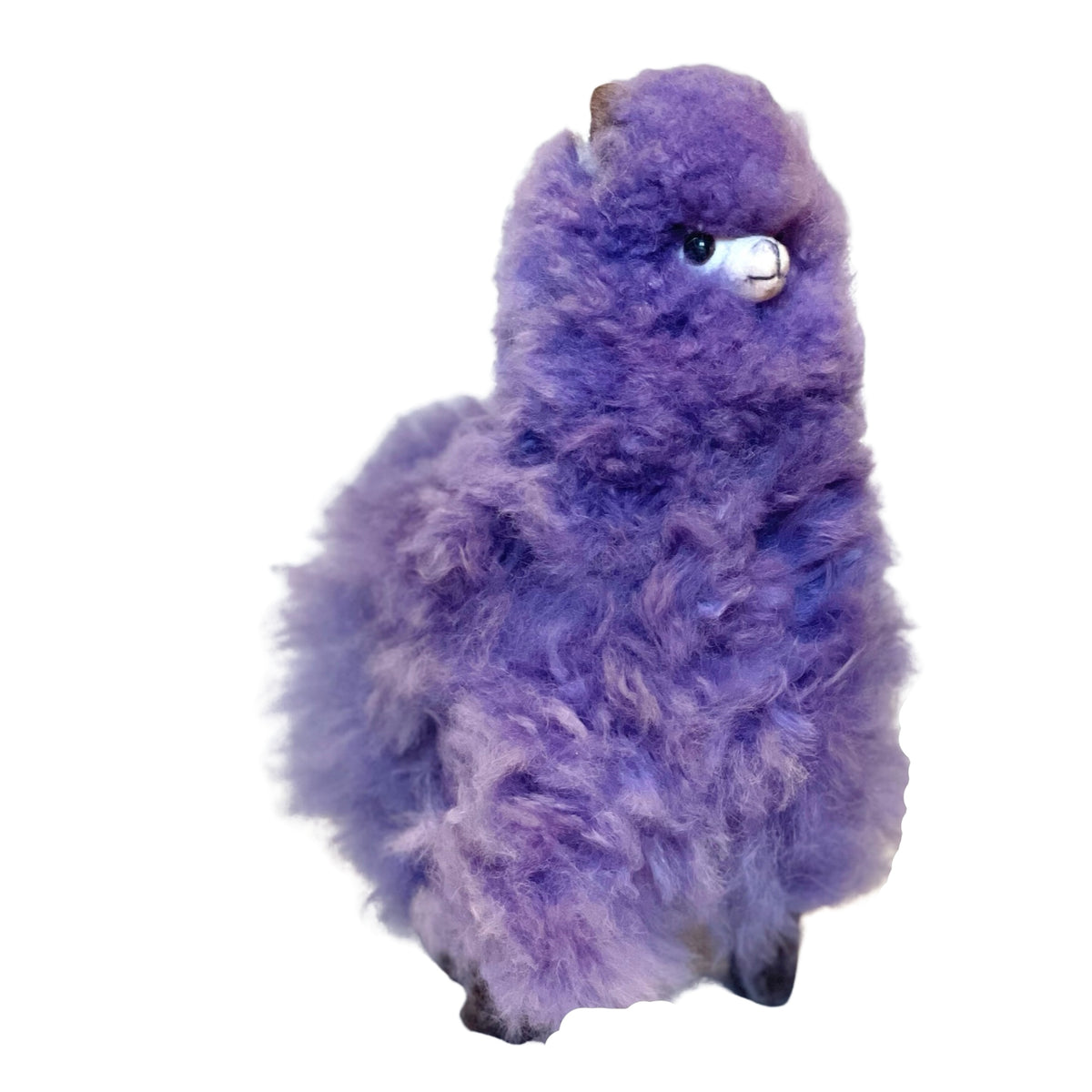 Product photo of a soft fluffy cute adorable purple violet plush alpaca wool figurine plushie.