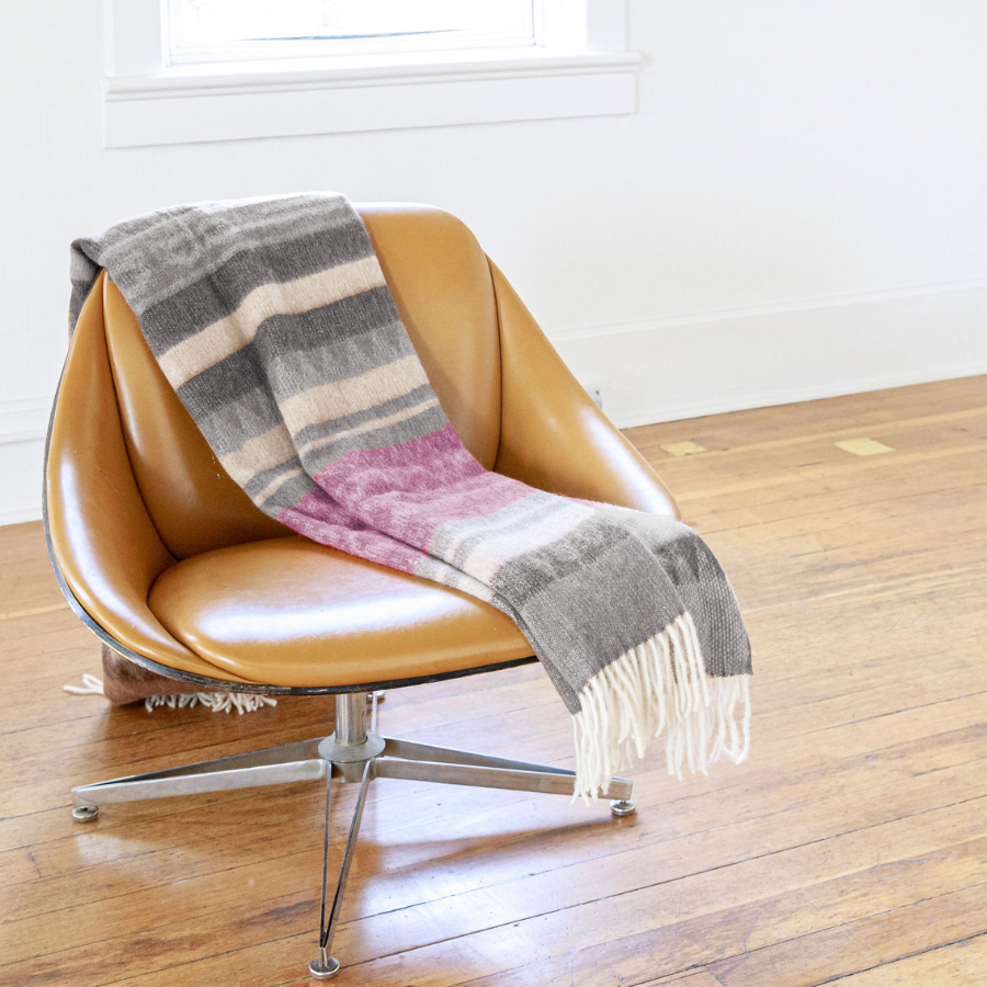 An Alpacas of Montana soft warm thermal moisture wicking cozy throw blanket draped over a short round chair. The blanket is a mix of light gray, charcoal, tan, and mauve stripes and patterns.