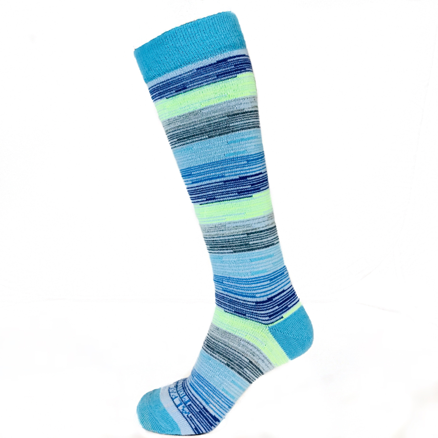 A product photo with a white background of an Alpacas of Montana colorful navy, cobalt, sky blue, lime green, gray, and black casual lounge fashion comfortable soft cozy everyday moisture wicking alpaca wool striped socks.