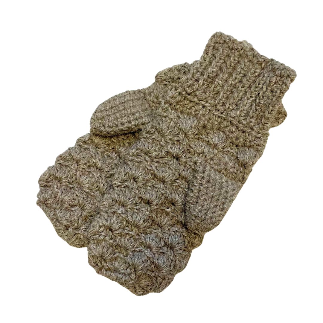 A product photo with a white background of a soft stylish cozy comfortable fashionable moisture wicking knitted crochet scallop pattern mittens handmade in Montana from latte brown alpaca wool yarn.