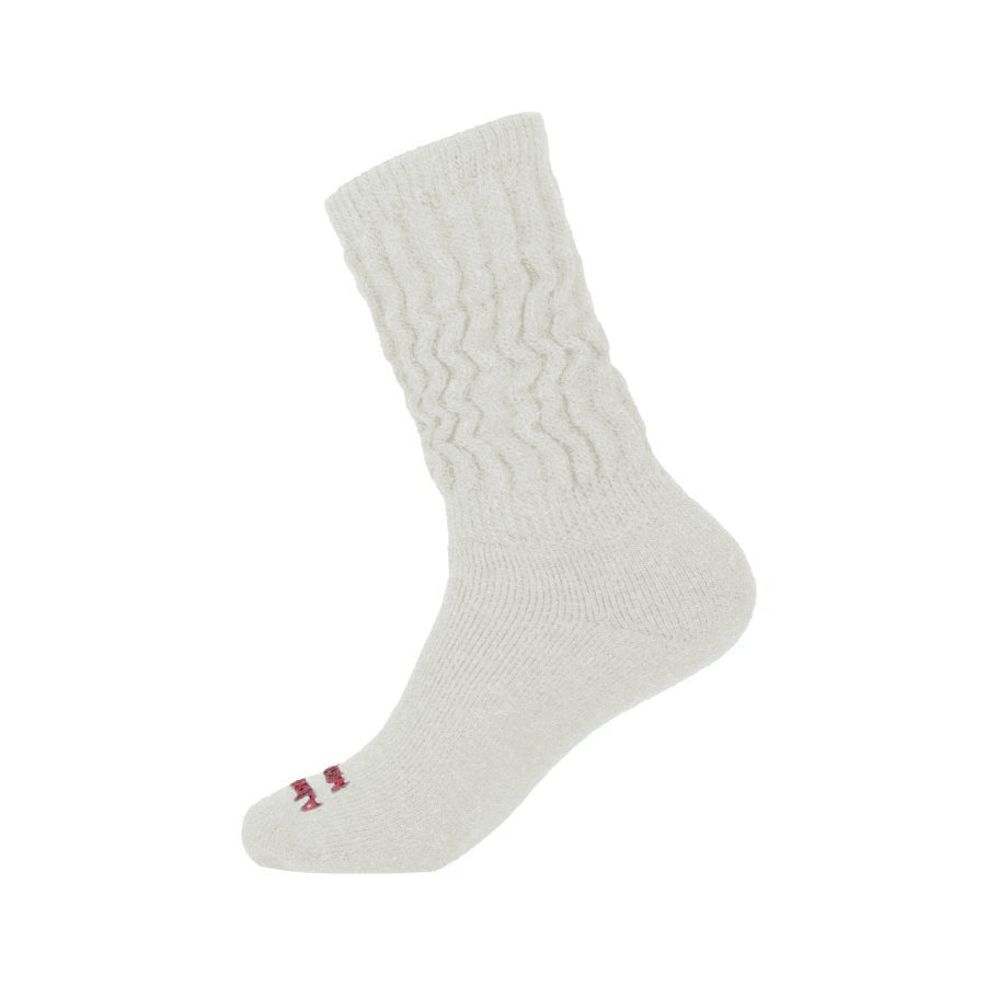 A product photo against a white background of a natural white Alpacas of Montana soft comfortable cozy lounge breathable moisture wicking antimicrobial therapeutic diabetic loose fit mid-calf sock.