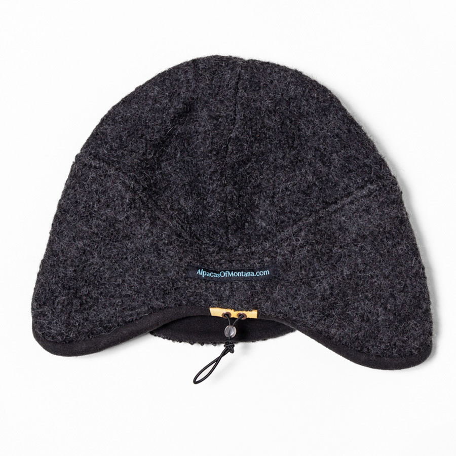 Dark Gray alpaca fleece hat worn for winter cold days.  Shown from the back