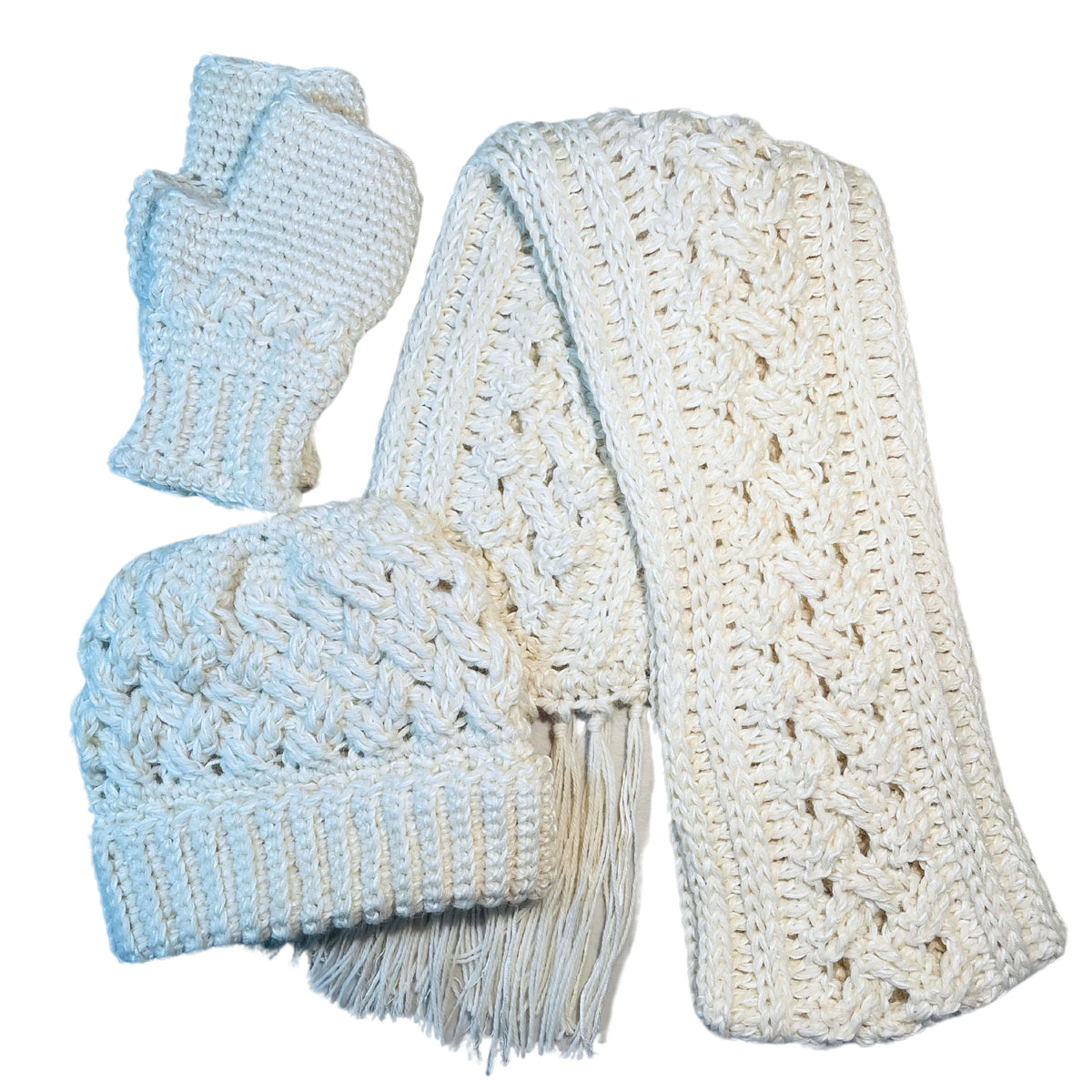 Cozy soft warm alpaca and bamboo matching set of ridge ribbed hat, scarf with long tassels, and ridge ribbed mittens for winter fashion. Handmade knitted crochet items made from yarn in the color natural white.