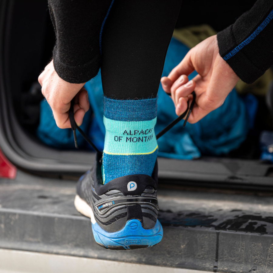 A close up photo of a person lacing up their shoe with their foot up on the tailgate of a vehicle. They are wearing black pants and teal, lime yellow, and navy blue athletic outerwear activewear workout hiking moisture wicking quarter ankle socks from Alpacas of Montana