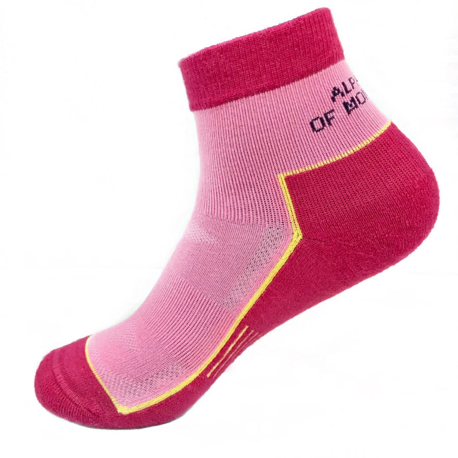 A product photo of fuchsia, lime yellow, and light pink moisture wicking comfortable activewear outdoors athletic quarter ankle hiking socks.