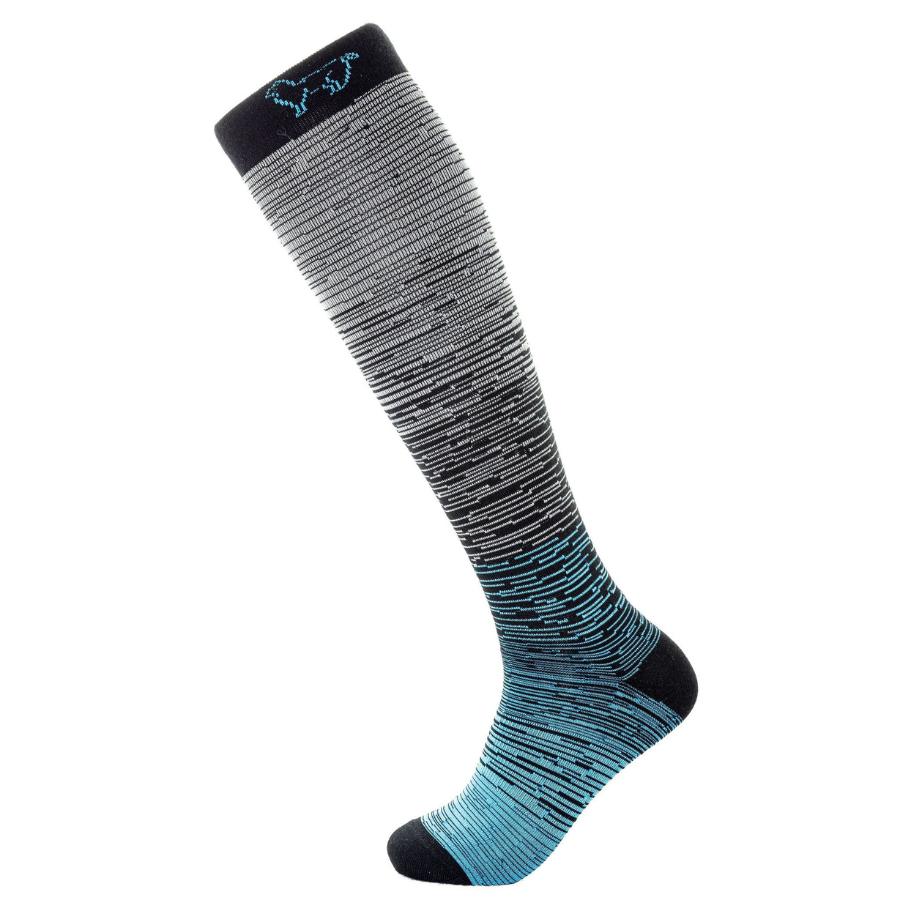A product photo of the Alpacas of Montana over-the-calf black, gray, and teal blue compression socks.