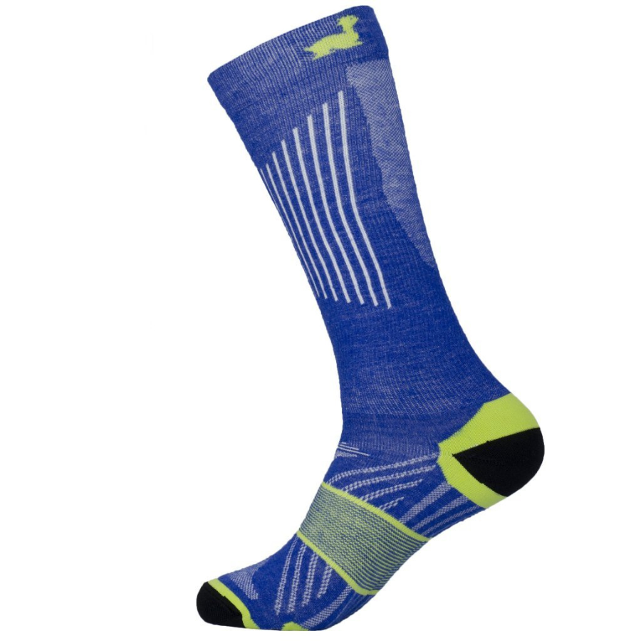 A product photo of the Alpacas of Montana mid-calf blue, yellow, and black compression socks.