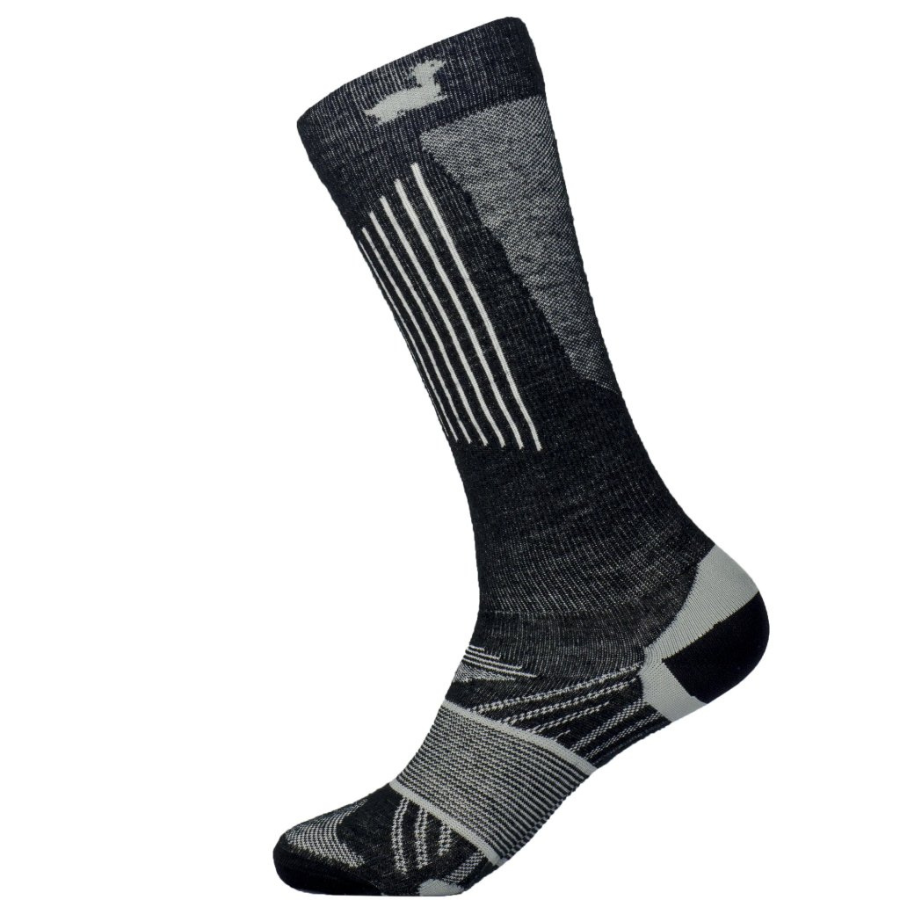 A product photo of the Alpacas of Montana mid-calf black and gray compression socks.