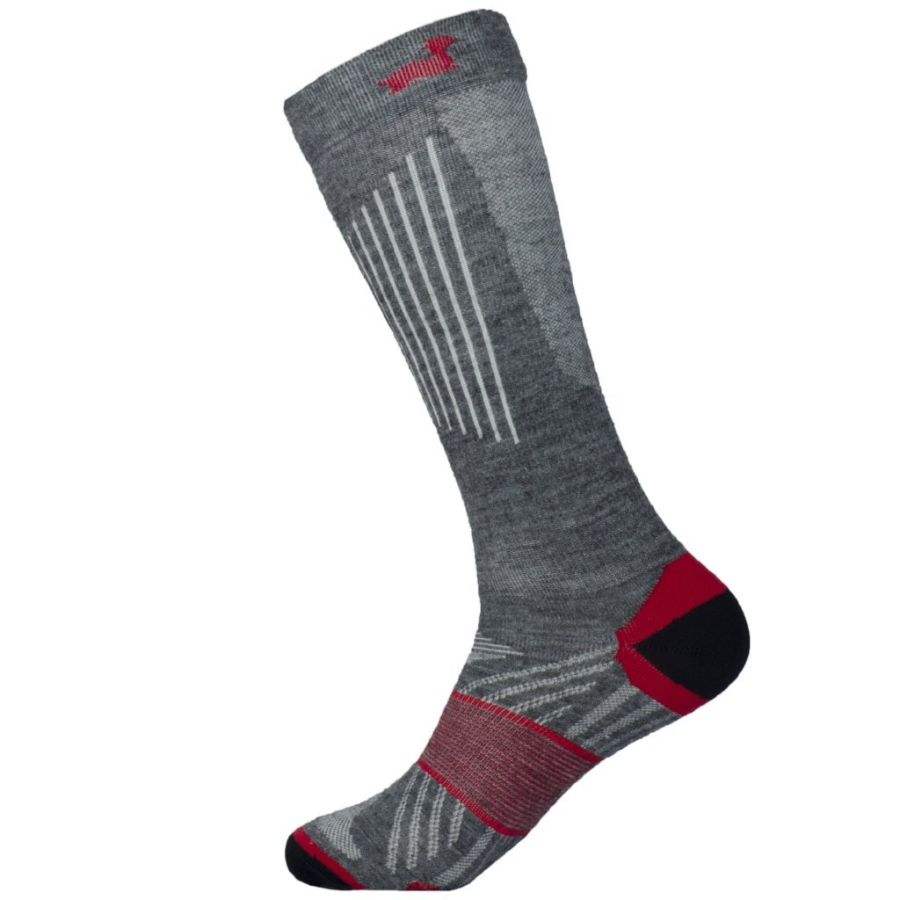 A product photo of the Alpacas of Montana mid-calf gray and red compression socks.