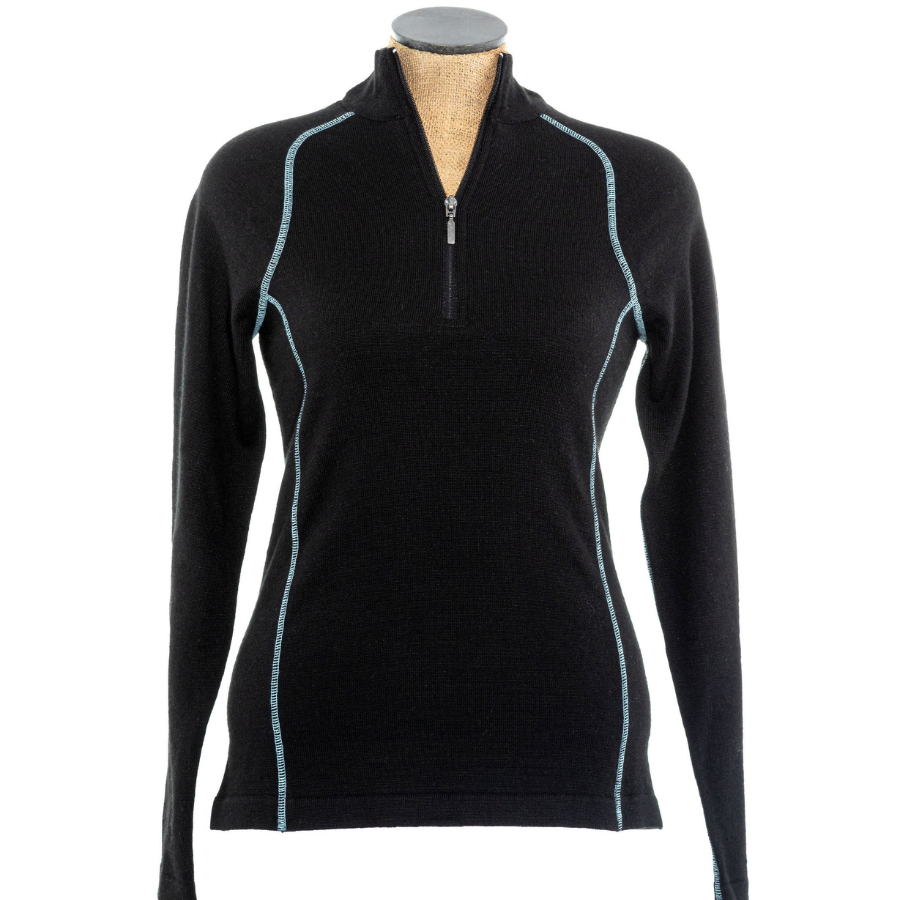 A product photo with a white background of a black with teal stitching Alpacas of Montana women&#39;s mid-layer quarter zip long sleeve top.