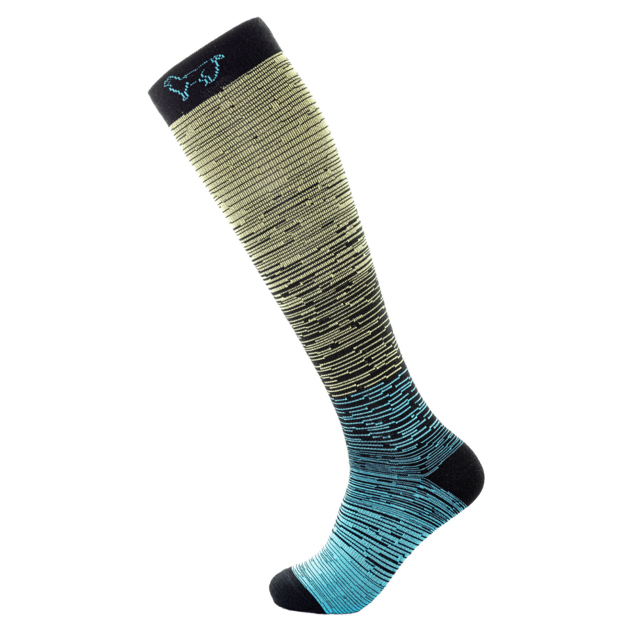 A product photo of the Alpacas of Montana over-the-calf black, yellow, and teal blue compression socks.