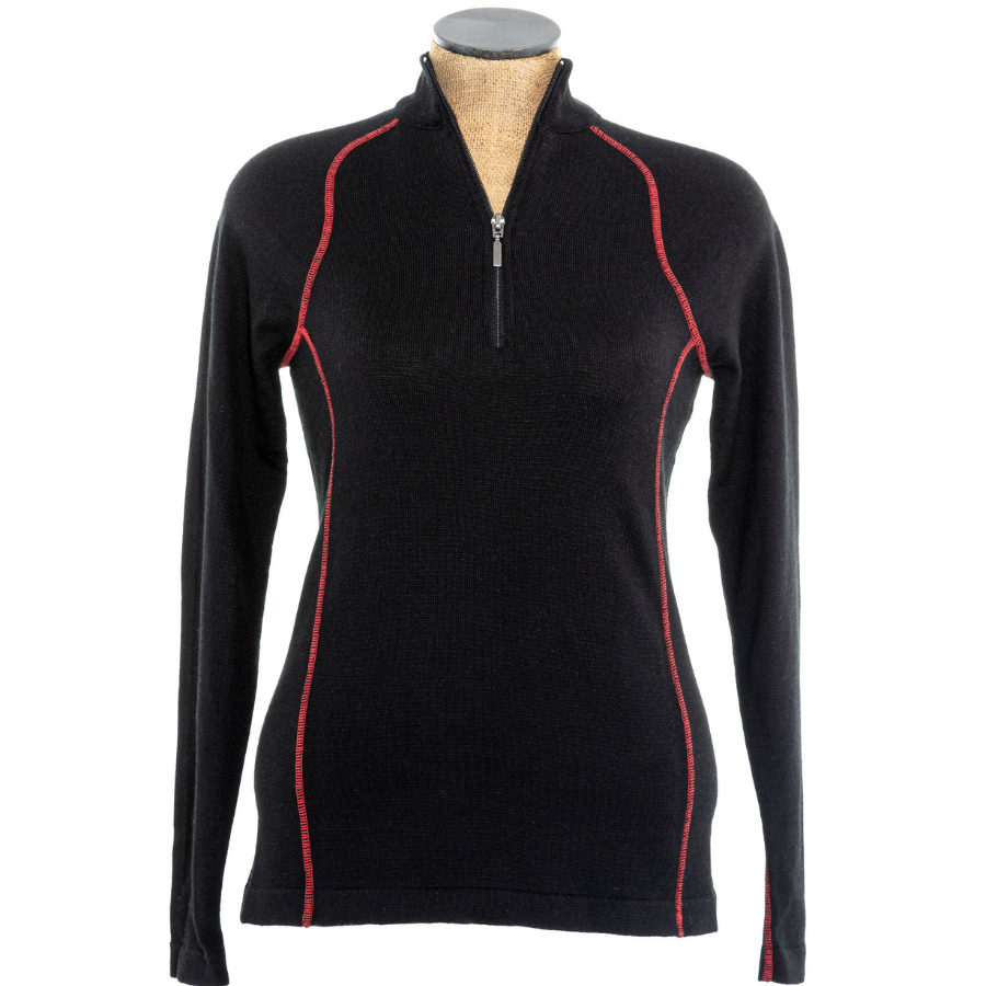A product photo with a white background of a black with red stitching Alpacas of Montana women&#39;s mid-layer quarter zip long sleeve top.