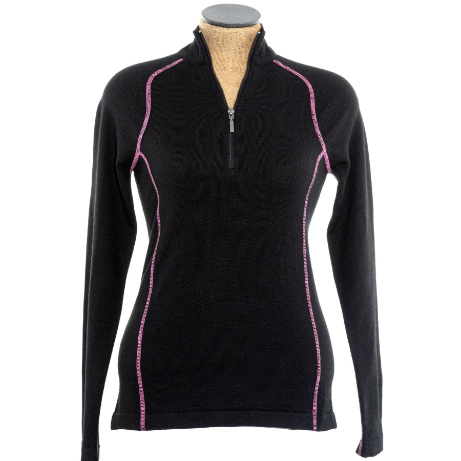 A product photo with a white background of a black with pink stitching Alpacas of Montana women&#39;s mid-layer quarter zip long sleeve top.