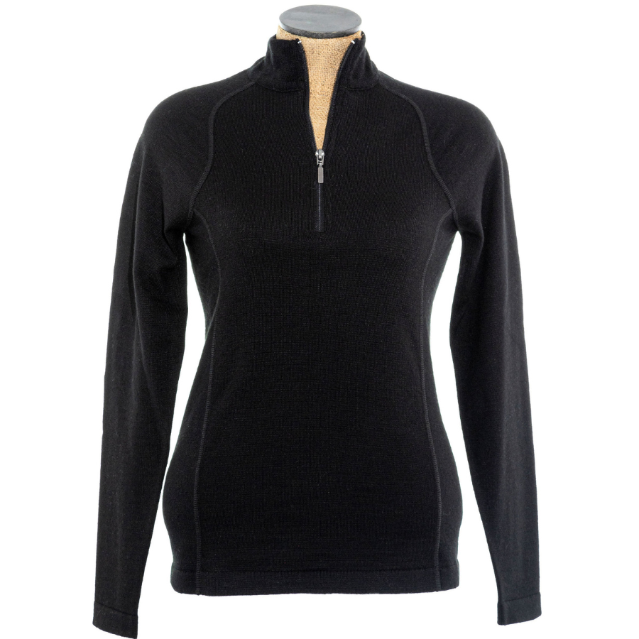 A product photo with a white background of a black with black stitching Alpacas of Montana women&#39;s mid-layer quarter zip long sleeve top.