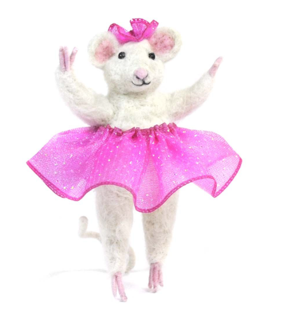 A product photo of a cute funny silly adorable fluffy soft natural white mouse with a pink sparkly tulle skirt and pink bow felted alpaca wool figurine and ornament for gifts birthday holidays