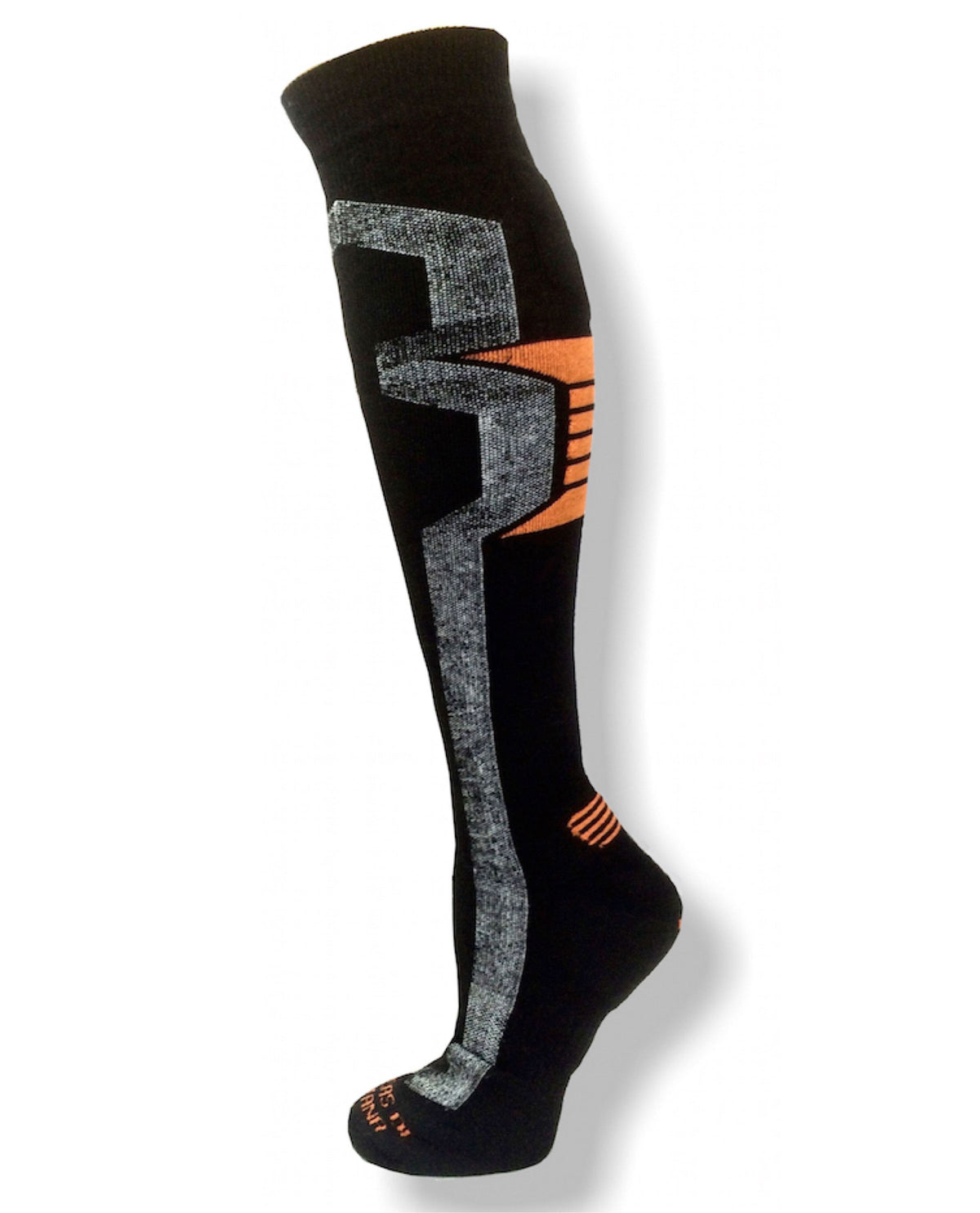 A product photo with a white background of a gray, orange, and black Alpacas of Montana cozy comfortable soft warm thermal winter freezing temperatures antimicrobial moisture wicking alpaca wool ski and snowboard socks for snowshoeing, skiing, snowboarding, ice fishing, outdoors.