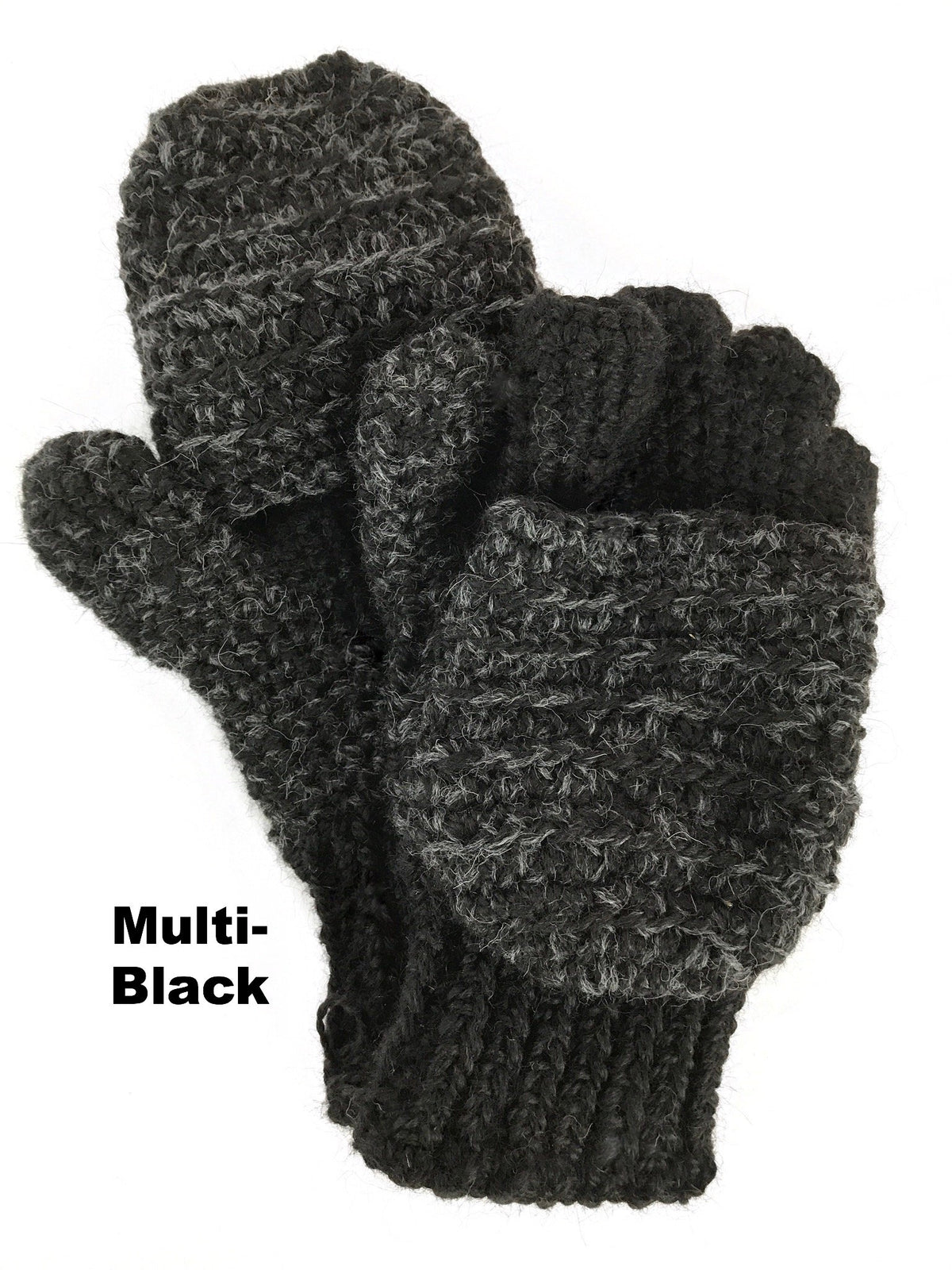 A product photo with a white background of a pair of soft warm winter stylish cozy comfortable fashionable moisture wicking knitted crochet heavyweight flip top gloves mittens handmade in Montana from dark gray and black alpaca wool yarn.
