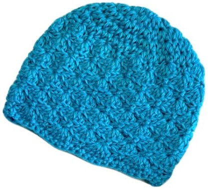 A product photo with a white background of a soft stylish cozy comfortable fashionable moisture wicking knitted crochet scallop pattern hat handmade in Montana from bright teal blue alpaca wool.