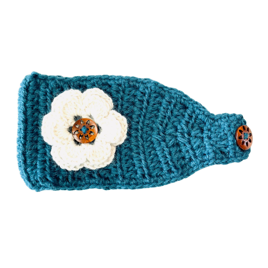 A product photo with a white background of a soft cute stylish fashion cozy comfortable warm winter headband handmade knit crochet in Montana from turquoise teal blue alpaca yarn with a natural white flower attached.